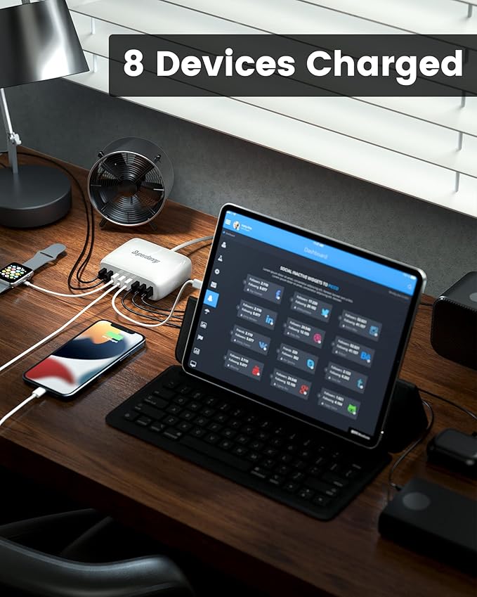 USB Charger Station, SUPERDANNY 8-Port Desktop Charging Station for Multiple Devices, Compatible with iPhone 11/X/Xs/Max/XR/SE/8/Plus, iPad Pro/Air/Mini, AirPods, Galaxy S10 Note, LG, and More, White