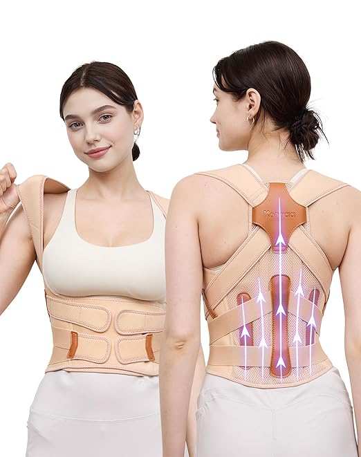 Posture Corrector for Women and Men, 5 Full Back Support Brace Rods, Adjustable Shoulder Straightener, FSA&HSA Eligible, Relief for Upper and Lower Back, Lumbar, Neck Pain (Beige, Small)