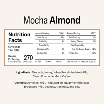 Rise Whey Protein Bars - Mocha Almond | Breakfast Bar & Protein Snack 15g Protein 4g Fiber Just 5 Whole Food Ingredients Gluten-Free Soy Free