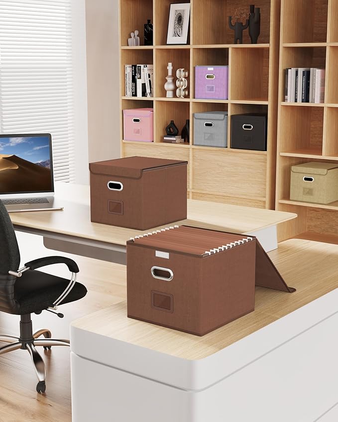 Oterri 2 Pack File Organizer Box,File Box,Small File Cabinet for Letter Folders,Reddish Brown Portable Filing Box,Hanging File Folder Organizer with Lid for Office/Decor/Home- without Folders