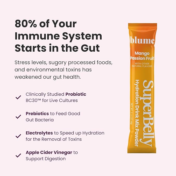 Blume SuperBelly Gut Health and On-The-Go Hydration Packets, GLP-1 Friendly, Sugar-Free, with Prebiotics, Probiotics, Apple Cider Vinegar, Vitamin C, and Electrolytes, Mango Passion Fruit, 15 Sticks
