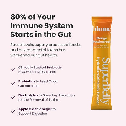 Blume SuperBelly Gut Health and On-The-Go Hydration Packets, GLP-1 Friendly, Sugar-Free, with Prebiotics, Probiotics, Apple Cider Vinegar, Vitamin C, and Electrolytes, Mango Passion Fruit, 15 Sticks