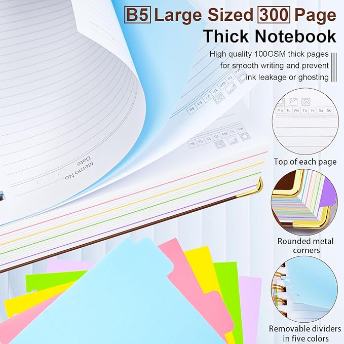 Hardcover Spiral Notebook 8"x10" Journal Notebook with Tabs and Removable Dividers 300 Pages 5 Subject Notebook College Ruled, Faux Leather Spiral Bound Notebook for Women School Work (Brown)