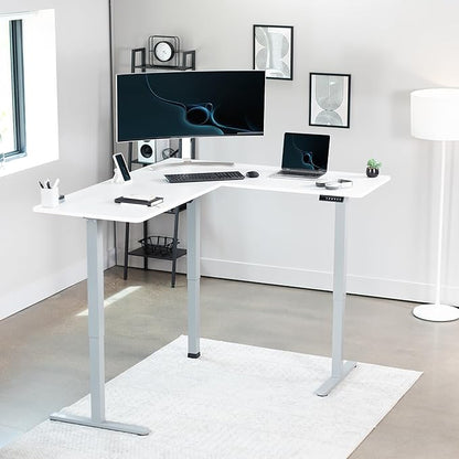 VIVO Electric Corner 63 x 55 inch L-Shaped Standing Desk, Memory Height Adjustment, White Top Gray Frame, DESK-E3CTGW
