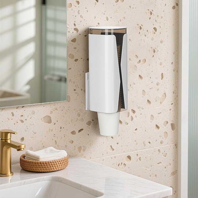 Cup Dispenser, Wall Mounted Mouthwash Cup Dispenser Fit 3oz-5oz Disposable Cups, Pull Type Water Cooler Cup Holder for Bathroom Office Gym School -White