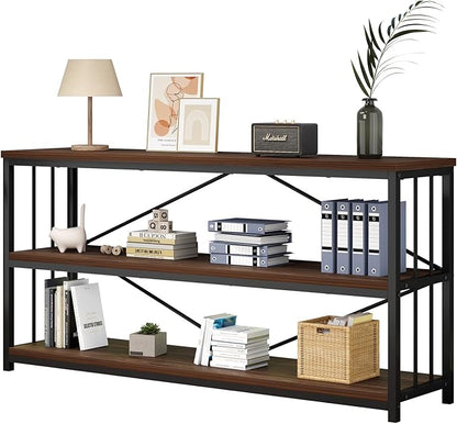 IBF Walnut Low Wide Bookcase, Vintage 63 Inch Long 3 Tier Open Book Shelf, Farmhouse Big Wood Metal Sturdy Bookshelf Display Case, Simple Large Etagere Bookshelves for Home Living Room Office Bedroom