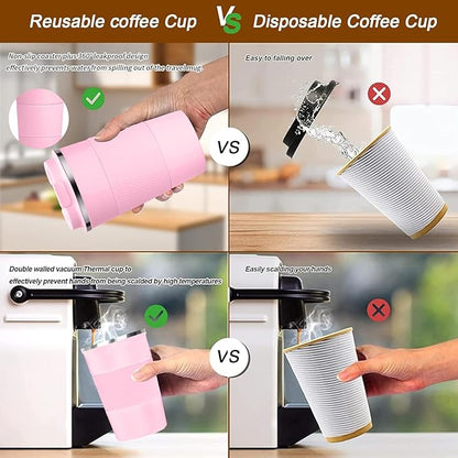 YINBAOGE Insulated Travel Coffee Mug, Spill & Leak Proof, Portable To Go Camping Stainless Steel Coffee Tumbler, Reusable Thermal Coffee Cup with Lid for Hot & Cold Drinks (Pink, 12 OZ)