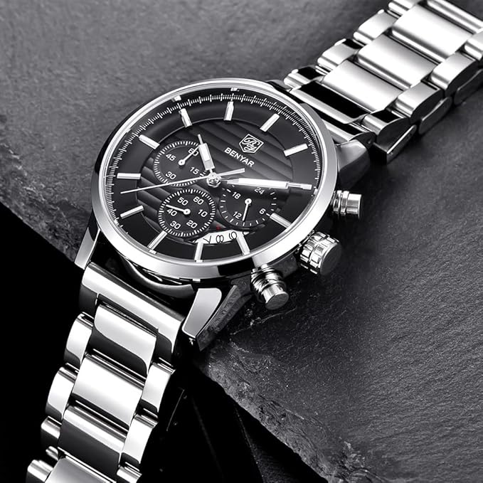BENYAR Quartz Chronograph Waterproof Watches Business and Sport Design Leather Band Strap Wrist Watch for Men
