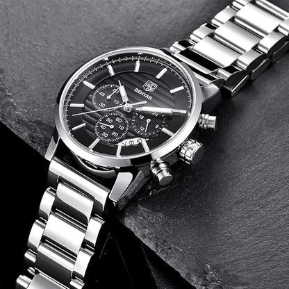 BENYAR Quartz Chronograph Waterproof Watches Business and Sport Design Leather Band Strap Wrist Watch for Men