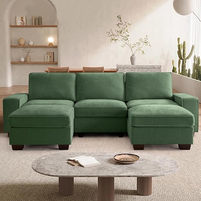 TEKAMON 100" Modular Sectional Sofa with Seats Storage, U Shaped Couch with Movable Ottomans, Chenille Fabric Couch for Living Room, USB Port, Removable Cover(Green, 3 Seater & 2 Ottomans- U Shape)