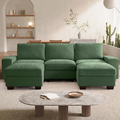 TEKAMON 100" Modular Sectional Sofa with Seats Storage, U Shaped Couch with Movable Ottomans, Chenille Fabric Couch for Living Room, USB Port, Removable Cover(Green, 3 Seater & 2 Ottomans- U Shape)