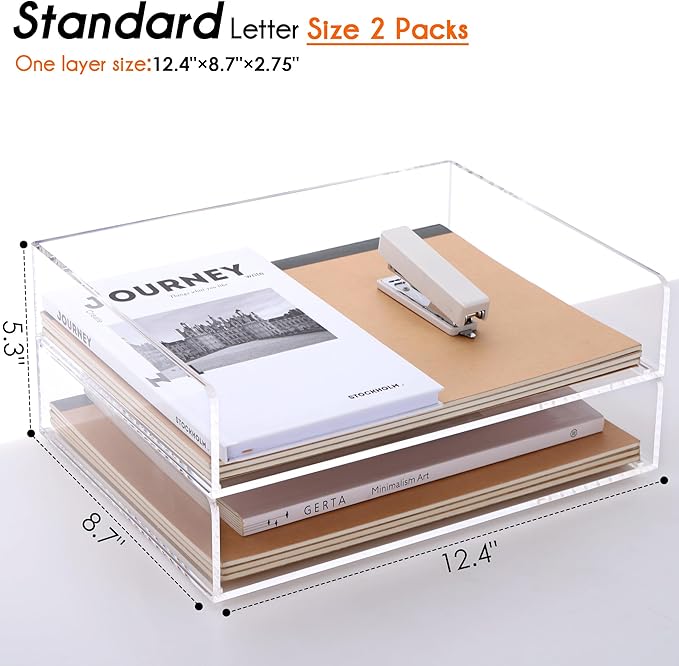 Paper Organizer, 2 Tier Stackable A4 Size Acrylic Letter Tray, Office/Home/School Organization - Clear