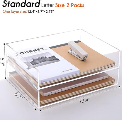 Paper Organizer, 2 Tier Stackable A4 Size Acrylic Letter Tray, Office/Home/School Organization - Clear