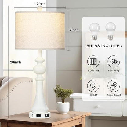 28" Farmhouse Table Lamp with USB A+C Fast Ports & AC Outlets, Vintage Rustic 3-Way Dimmable Touch Control Table Lamp, Rustic Traditional Bedside Nightstand Lamp for Living Room Bedroom White