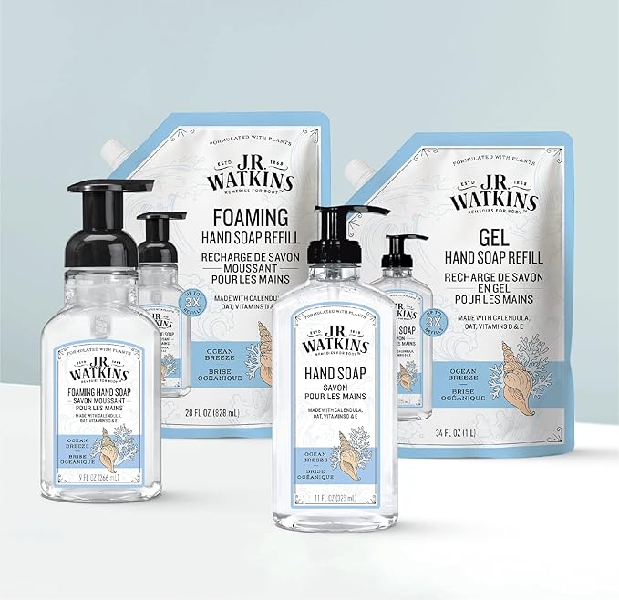 J.R. Watkins Gel Hand Soap Refill, Moisturizing Hand Wash, Alcohol-Free, Cruelty-Free, Ocean Breeze, 34 Fl Oz, 3 Pack