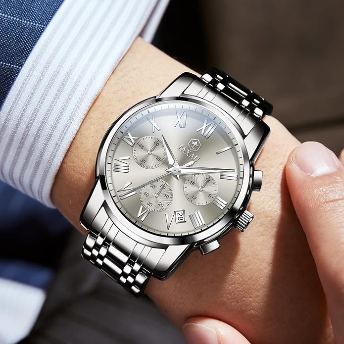 Mens Silver Watch Luxury Minimalist Dress Watch Classic Waterproof Watches for Men Analog Quartz Stainless Steel Men's Wrist Watches with Date Luminous Relojes para Hombres