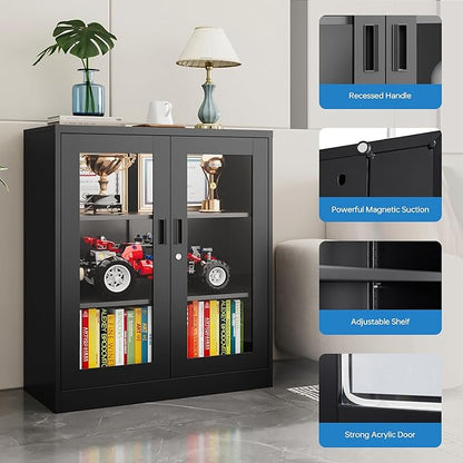 Storage Cabinet with 2 Adjustable Shelves, 35.4 Inches Metal Curio Display Cabinet with 2 Acrylic Doors, Locking Glass Display Case for Home, Office, Pantry, Assemble Required (Black)