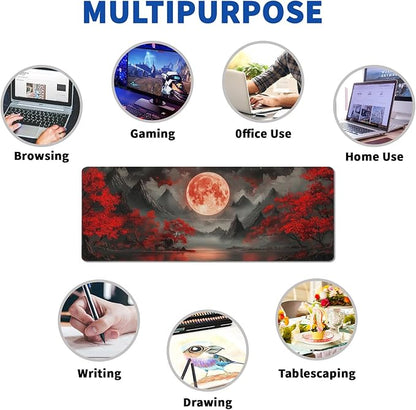 Darkness Red Moon Mouse Pad Abstract Red Mouse Pad 31.5x11.8 Inch Texture Non-Slip Rubber Base Large Mousepad Stitched Edges Keyboard Mouse Mat Desk Pad for Office and Home