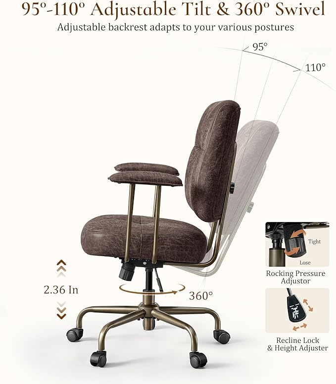 EUREKA ERGONOMIC Becky Mid Century Modern Office Desk Chairs Leather, Comfy Office Chair with Lumbar Support and Arms, Mid-Back, Comfortable Thick Cushion, Height Adjustable, 360°Swivel, Brown