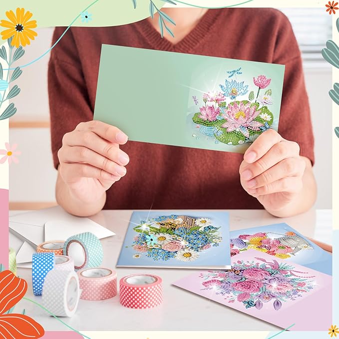 Saillong 12 Pack Flower Diamond Painting Greeting Card Kits DIY Pastel Flower Diamond Art Cards with Envelopes Floral 5d Rhinestones Paint Card for Adults DIY Craft Family Friend Birthday Xmas Gifts