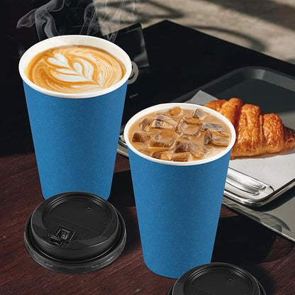 100 Pack 16 oz Coffee Cups with Lids, Disposable To Go Paper Coffee Cups with Sleeves and Stirring Sticks for Hot/Cold Drinks Office Home Shop Event (Navy)