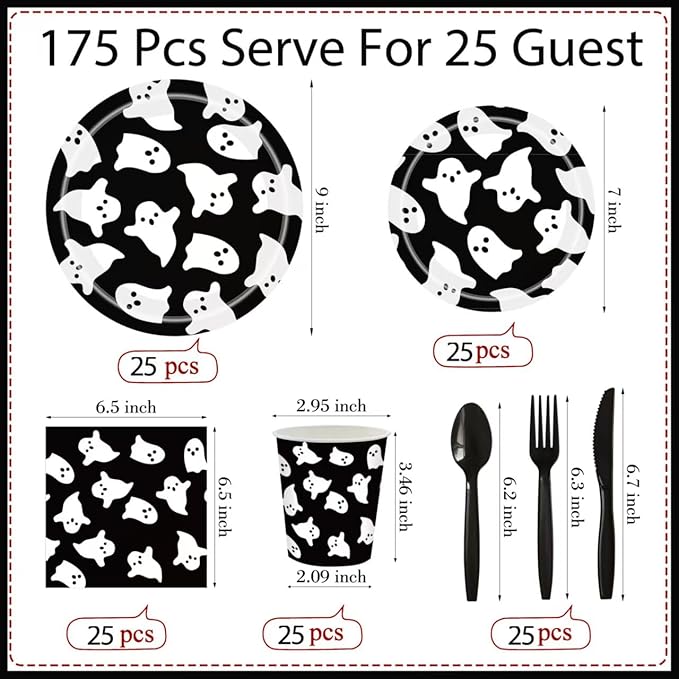 Halloween Disposable Party Tableware for 25 Guests,175pcs Disposable Tableware Set, Including Paper Plates,Paper Cups ,Knives, Forks, Spoons, Suitable for Party Supplies, Birthday Decorations，Black
