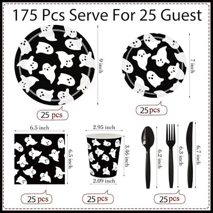 Halloween Disposable Party Tableware for 25 Guests,175pcs Disposable Tableware Set, Including Paper Plates,Paper Cups ,Knives, Forks, Spoons, Suitable for Party Supplies, Birthday Decorations，Black