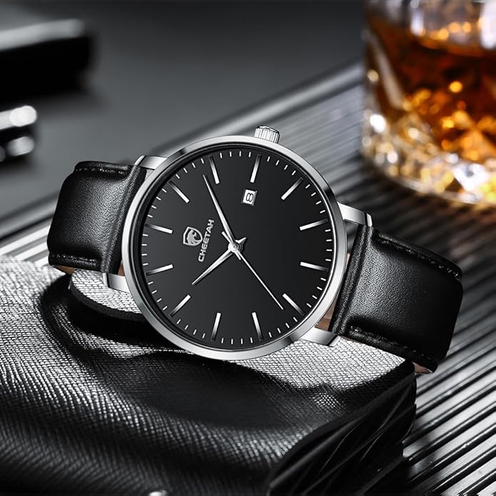 CHEETAH Minimalist Waterproof Quartz Watches for Men with Leather Strap, Auto Date