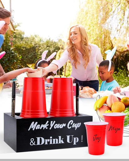 Wooden Cup Holder with Marker Slot, Disposable Cup Dispenser with Marker for Party, Family Gathering & Holiday Events