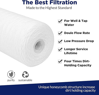 Membrane Solutions 5 Micron 10"x4.5" String Wound Whole House Water Filter Replacement Cartridge Universal Sediment Filters for Well Water - 4 Pack