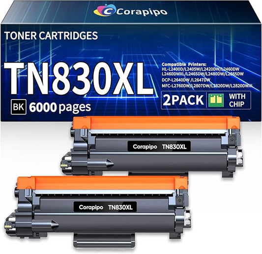 TN830XL TN 830XL 830 Toner Cartridge Compatible Replacement for BrotherTN830 XL/V/R TN830XL TN830 Toner Work with Brother HL-L2405W HL-L2460DW DCP-L2640DW HL-L2400D MFC-L2820DW(2 Pack)