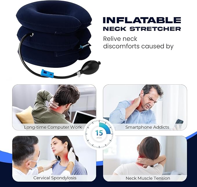 Neck Stretcher, Cervical Traction Device, Neck Traction Device for Neck Pain Relief, Adjustable Inflatable Neck Stretcher Cervical Traction and Neck Brace, Neck Decompression Home Use (Blue)