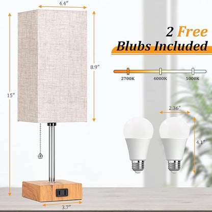 Table Lamp for Bedroom set of 2,3-Color Bedside Lamps with Pull Chain Table Lamps for Nightstand with AC Outlets,Small Night Light Lamps with 2 Bulbs Lamps for Living Room Kids Room Office Decor（Wood）