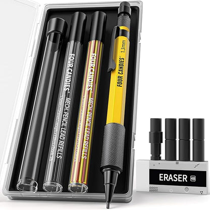 Four Candies 1.3mm Mechanical Pencil Set — Heavy Duty Carpenter Pencil with Lead Refills & Eraser