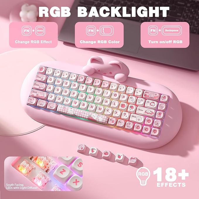 YUNZII C68 Wireless Mechanical Keyboard,65% Layout,Hot Swap,Triple Mode BT5.0/2.4G/Wired, RGB Backlit NKRO,Cute Cat Silicone Ergonomic Design for Win/Mac(Pink, Cocoa Cream V2 Switch)