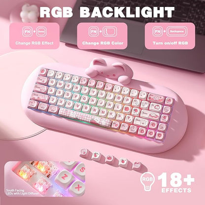 YUNZII C68 Wireless Mechanical Keyboard,65% Layout,Hot Swap,Triple Mode BT5.0/2.4G/Wired, RGB Backlit NKRO,Cute Cat Silicone Ergonomic Design for Win/Mac(Pink, Cocoa Cream V2 Switch)