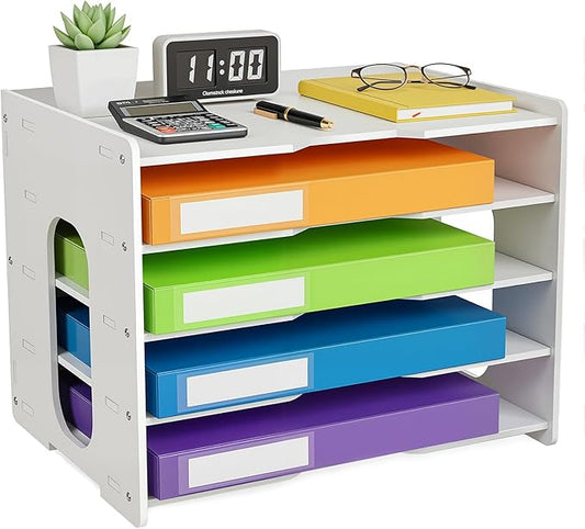 File Organizer Paper Sorter 5 Tier File Desktop Document Holder White Paper Sorter Desk for Office, Home or School (5 Tier File Organizer)