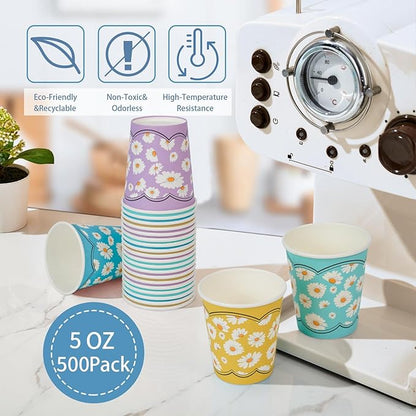 500 Pack 5oz Disposable Paper Cups, Colorful Small Mouthwash Cups, for Party, Picnics, Barbecues, Travel and Events, Daisy