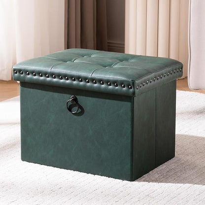 Folding Storage Ottoman, Small Faux Leather Foot Rest Stool with Rivet Design, 16 x 12 x12 Inches Ottoman with Storage Vanity Stool Coffee Table for Living Room, Bedroom, Load 242 lbs, Green