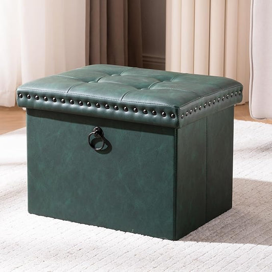Folding Storage Ottoman, Small Faux Leather Foot Rest Stool with Rivet Design, 16 x 12 x12 Inches Ottoman with Storage Vanity Stool Coffee Table for Living Room, Bedroom, Load 242 lbs, Green