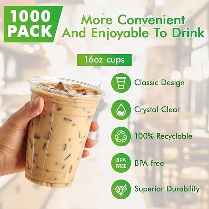 Lilymicky 1000 Pack 16 oz Clear Plastic Cups, PET Disposable Drinking Cups, Crystal Clear, Perfect for Ice Coffee, Smoothie, Soda, or Any Cold Drinks