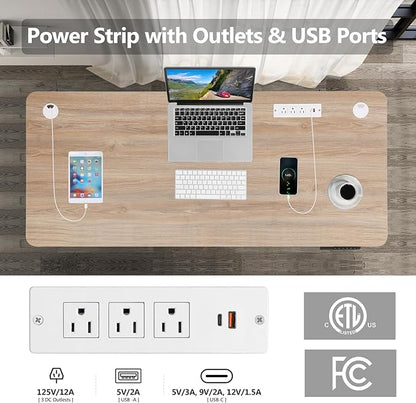Electric Standing Desk 48 x 24 Inches Adjustable Height Sit Stand Up Desk for Home Office Computer Workstation with 2 USB Ports 3 AC Power Outlets Memory Preset and Wheels, Oak