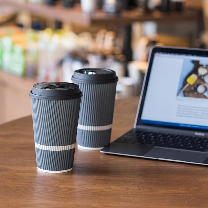 Disposable Coffee Cups With Lids - 16 oz To Go Coffee Cup (70 Pack). Large Travel Cups Hold Shape With Hot and Cold Drinks, No Leaks! Insulated Ripple Cups Protect Hands, No Sleeves needed!