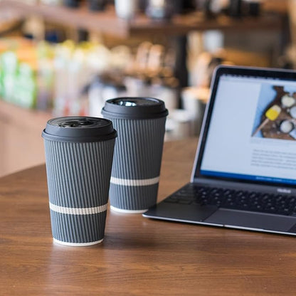 Disposable Coffee Cups With Lids - 16 oz To Go Coffee Cup (70 Pack). Large Travel Cups Hold Shape With Hot and Cold Drinks, No Leaks! Insulated Ripple Cups Protect Hands, No Sleeves needed!