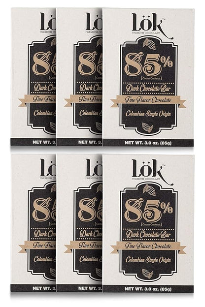 Lok Dark Chocolate Bar 85% Cacao | Fair Trade, Non-GMO, Kosher, Gluten Free, Vegan, Bean-to-Bar, Keto Friendly, Low-Carb, Paleo Lök | 3.0 Ounce 6 Pack