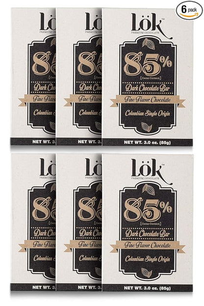 Lok Dark Chocolate Bar 85% Cacao | Fair Trade, Non-GMO, Kosher, Gluten Free, Vegan, Bean-to-Bar, Keto Friendly, Low-Carb, Paleo Lök | 3.0 Ounce 6 Pack