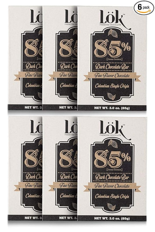 Lok Dark Chocolate Bar 85% Cacao | Fair Trade, Non-GMO, Kosher, Gluten Free, Vegan, Bean-to-Bar, Keto Friendly, Low-Carb, Paleo Lök | 3.0 Ounce 6 Pack