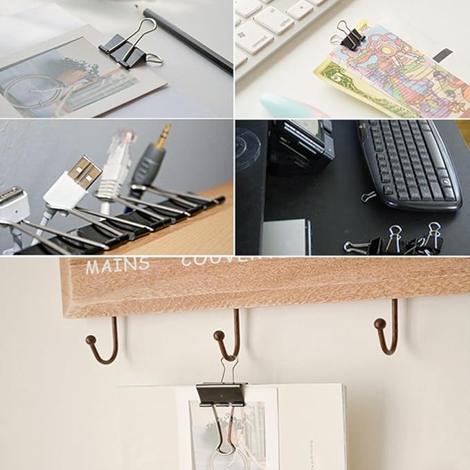 JANYUN 150Pcs Large Binder Clips 6 Assorted Sizes Paper Clamps Clip for Paper Metal Clip Office School Home Supplies (Black)