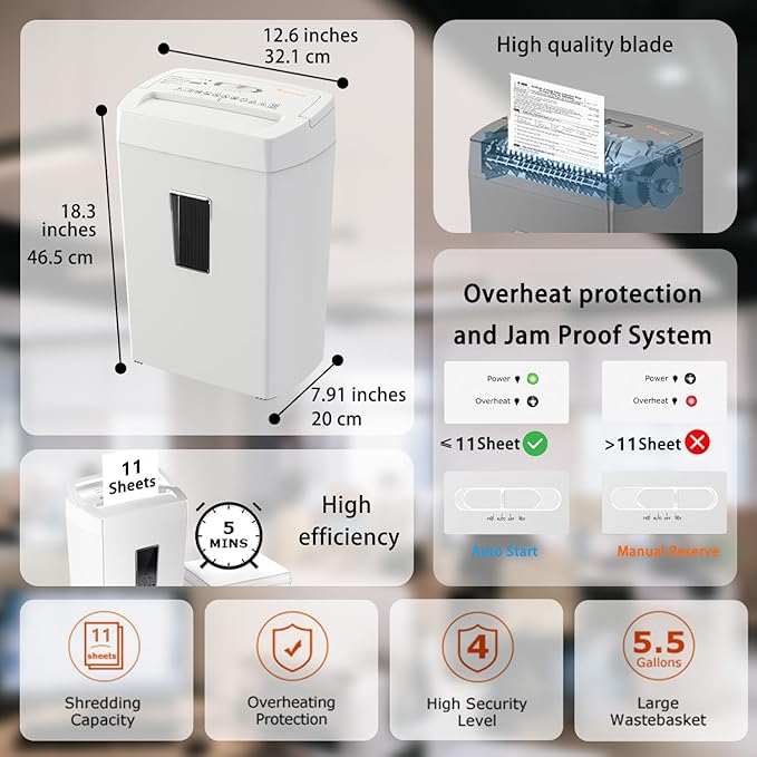 Bonsaii 11-Sheet Crosscut Paper Shredder, P-4 Security, 5-Min Run, Overheat Protection, 5.5-Gal Bin, Black/White