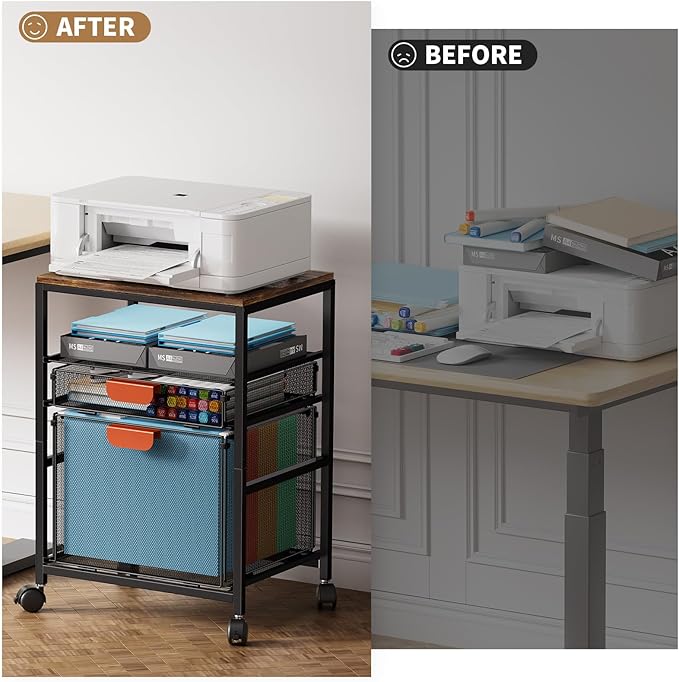 Marbrasse Rolling File Cabinet with Handle, Mobile File Cabinet on Lockable Wheels, Office Filing Cabinet Organizer, Printer Stand with Hanging File Folder Organizer for Home Office - Black